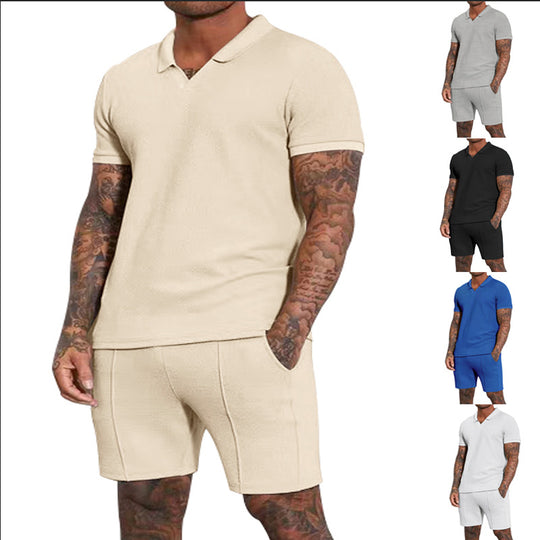 Herren nan kurzärmeliges Halbkragen-Strickset mit feiner Waffelstruktur und gerade geschnittenen Shorts EB