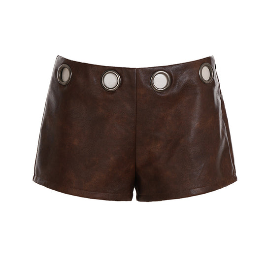 Damen Kunstleder-Shorts mit dekorativen Knopfdetails EB