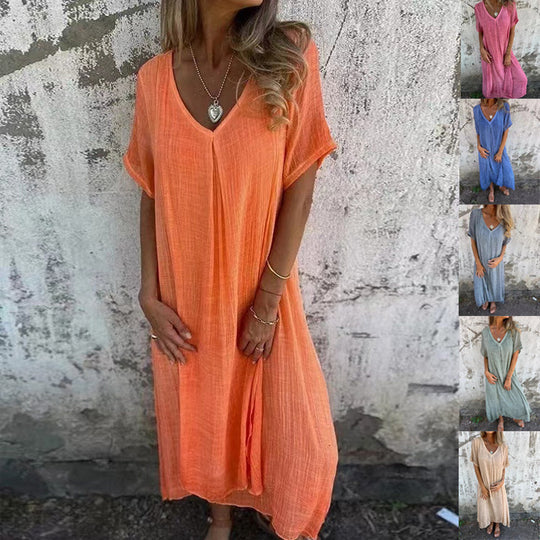 Damen Luftiges Leinenmaxikleid mit V-Ausschnitt und weit schwingendem Saum EB