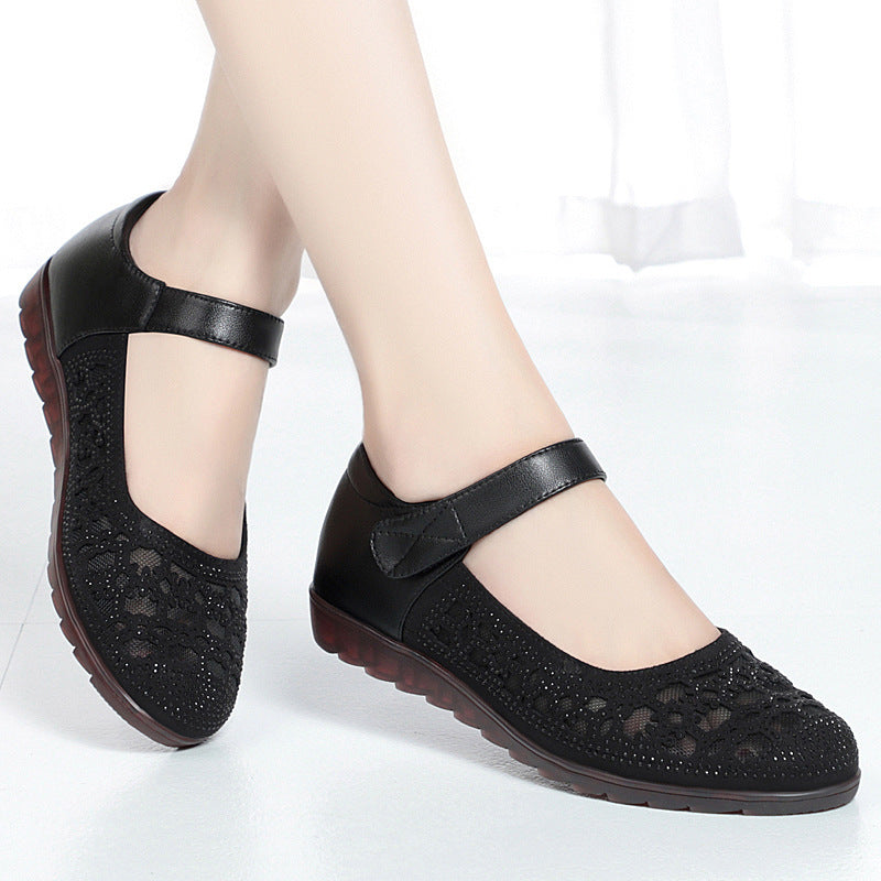 Damen Ballerinas mit modischem Lochmuster und komfortablem Klettverschluss EB
