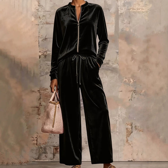 Damen nan samtiges Lounge-Set mit Stehkragen Reißverschlussoberteil und Kordelbundhose EB