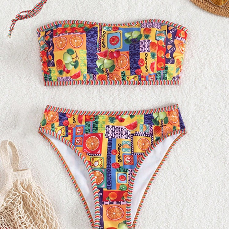 Damen Bandeau-Bikini mit buntem Muster und elastischem Unterteil EB