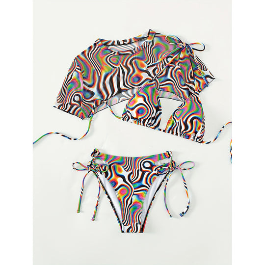 Damen Buntes Schwimmbikini-Set mit transparentem Oberteil EB