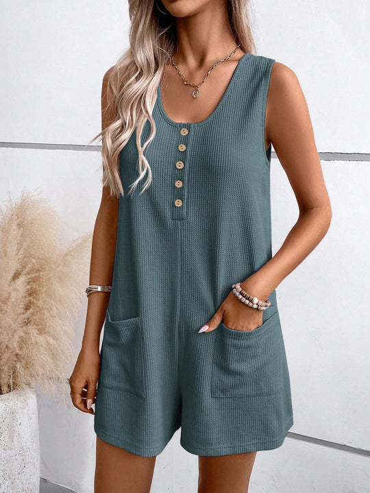 Damen Kurzarm Jumpsuit mit Knopfdetails und praktischen Taschen EB