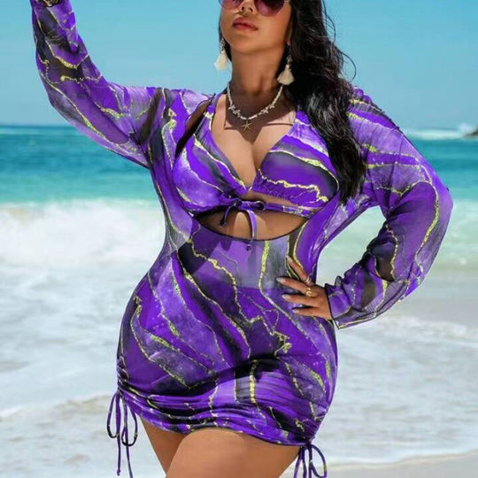 Damen Strandkleid mit transparenten Einsätzen und modischem Wickel-Design EB
