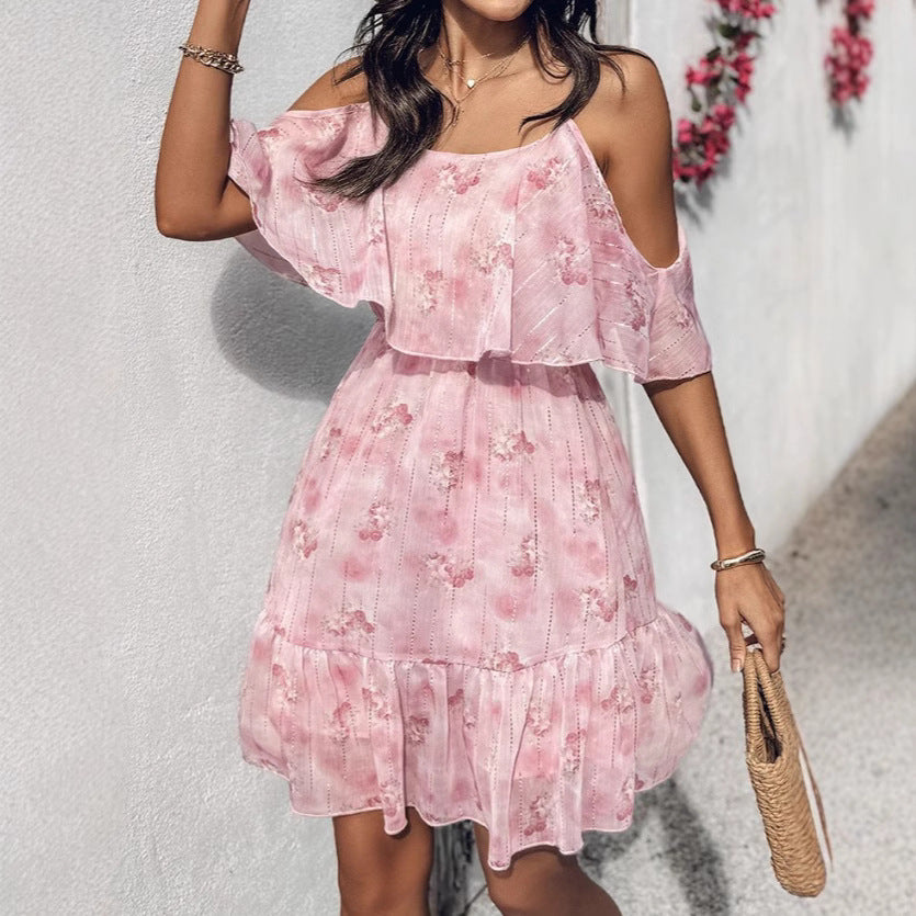 Damen Spazierkleid mit schulterfreier Optik und Rüschendetails EB