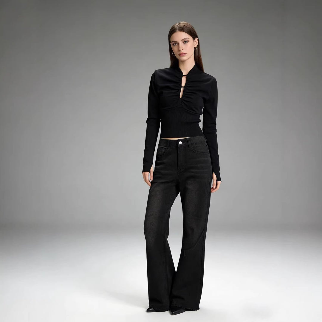 Damen nan hochgeschnittene Stretch-Flared-Jeans mit ausgefranstem Saum und taillierendem Five‑Pocket-Schnitt EB