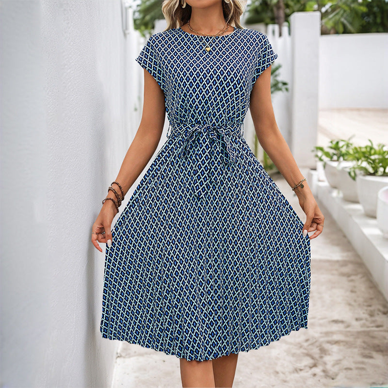 Damen Midi Sommerkleid mit bindbarem Taillengürtel und grafischem Muster EB