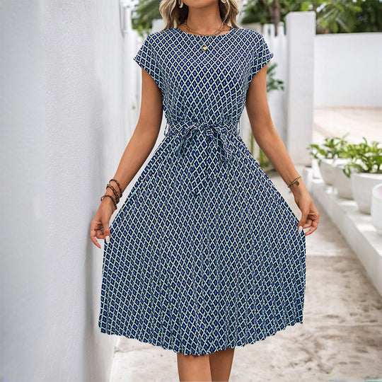 Damen Midi Sommerkleid mit bindbarem Taillengürtel und grafischem Muster EB