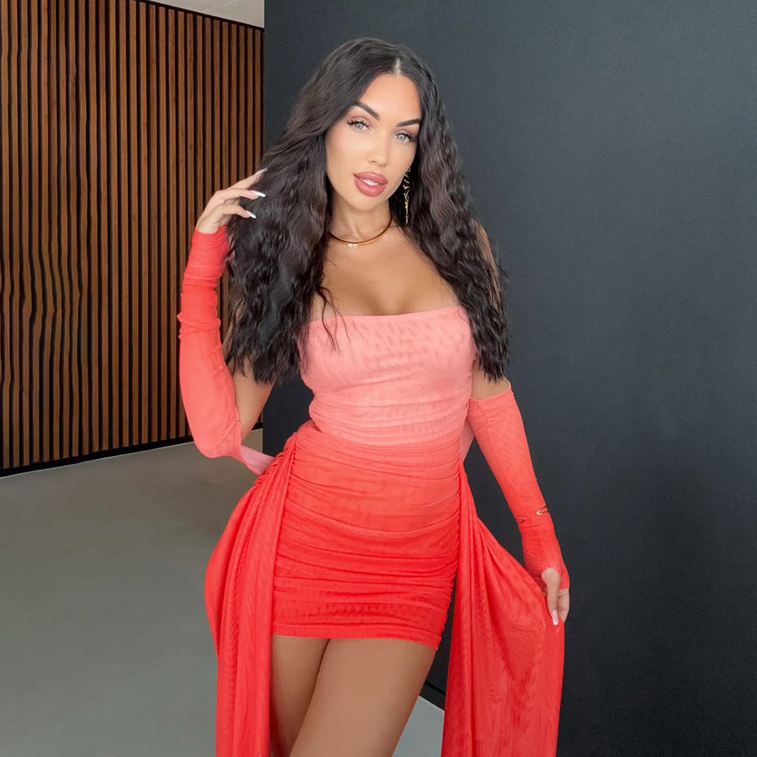 Damen Elegantes Langarmkleid mit raffiniertem Drapierungsdesign und transparenten Elementen EB