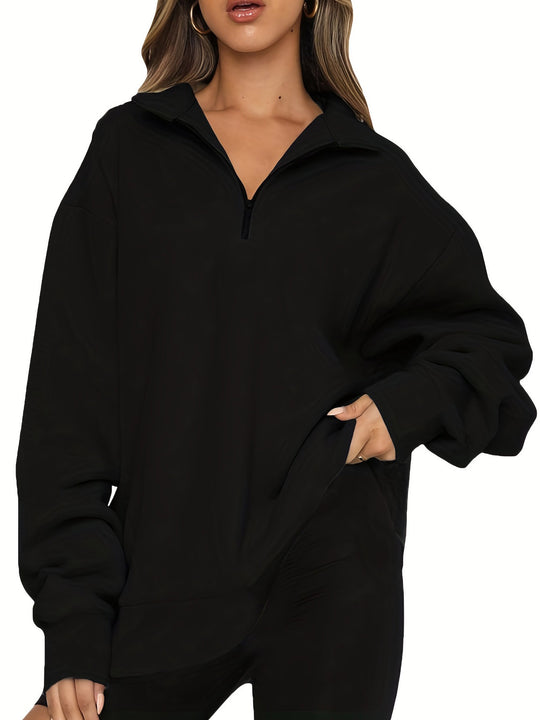 Damen nan Oversized Sweatshirt mit Kurzreißverschluss, Stehkragen und Kängurutasche EB