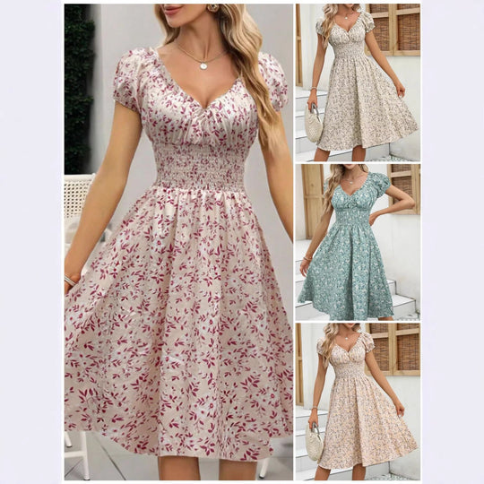 Damen Sommerliches Maxikleid mit voluminösen Puffärmeln und elastischem Taillenbund EB