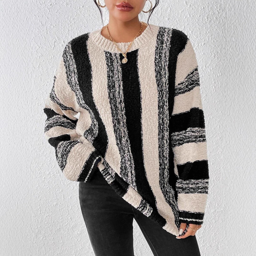 Damen Grober Strickpullover mit auffälligem Streifenmuster und lockerer Passform EB
