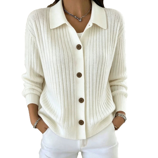 Damen Feiner gerippter Knopf‑Cardigan mit Hemdkragen und kastiger Silhouette EB