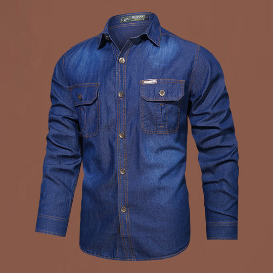 Herren nan robustes Stretch-Denim Hemd mit verstärkten Klappbrusttaschen und kontrastnähten EB
