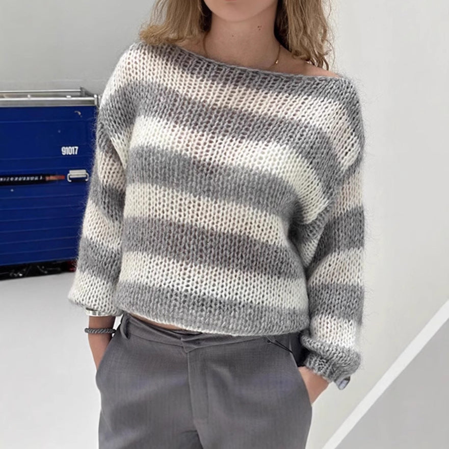 Damen Strickpullover mit breitem Streifenmuster und voluminösen Ärmeln EB