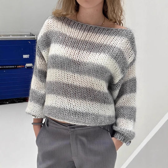 Damen Strickpullover mit breitem Streifenmuster und voluminösen Ärmeln EB
