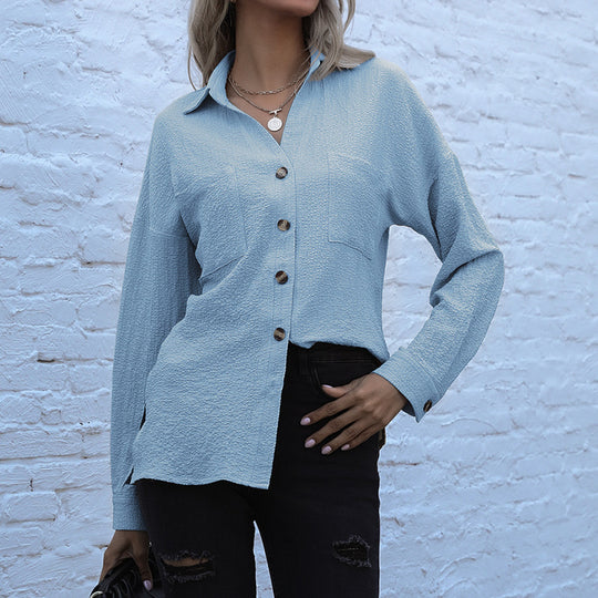 Damen Strukturierte Oversize-Hemdbluse mit Brusttaschen und Knopfleiste EB