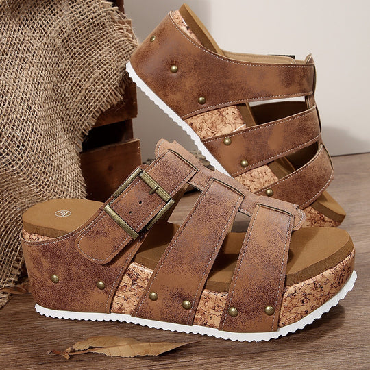 Damen modische Keil-Sandalen mit verstellbaren Riemen und korkähnlicher Sohle EB