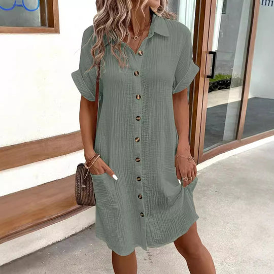 Damen lässiges Hemdblusenkleid aus leichtem Baumwollmischgewebe mit Knopfleiste und Seitentaschen EB