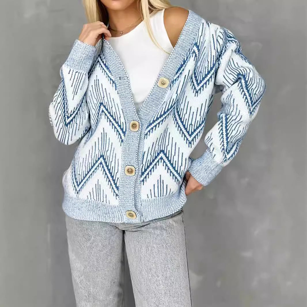 Damen Strickjacke mit modernem Chevron-Muster und erstklassigen Knopfdetails EB