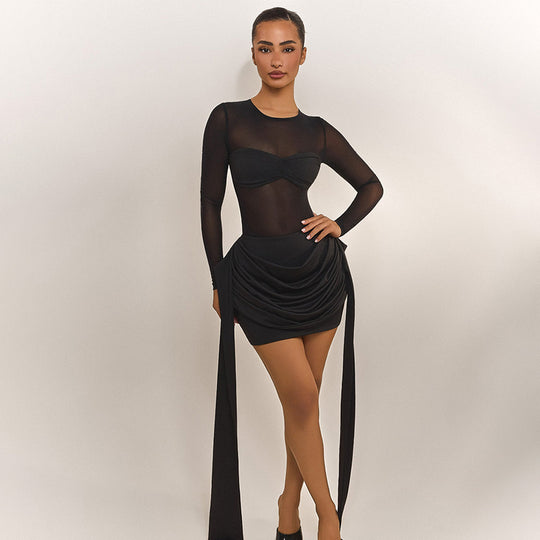 Damen Wickelkleid mit transparenten Ärmeln und eleganter Raffung EB