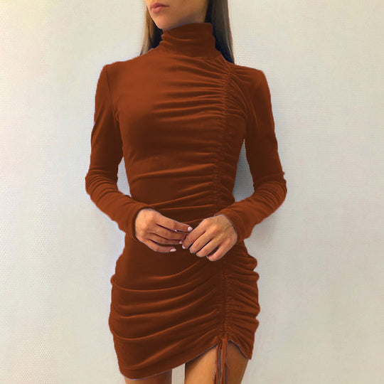 Damen figurbetontes Samtkleid mit Stehkragen und Raffung EB