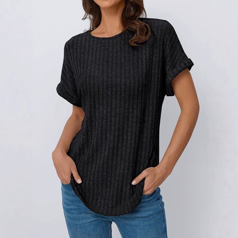 Damen lässiges T-Shirt im Ripp-Design mit umschlagenen Ärmeln EB