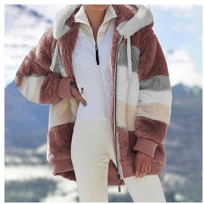 Damen Modische und warme Fleecejacke mit Kapuze und blockartigem Design EB