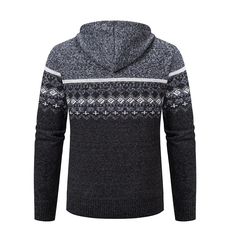 Herren stilvolle Strickjacke mit Kapuze und Norweger-Muster EB