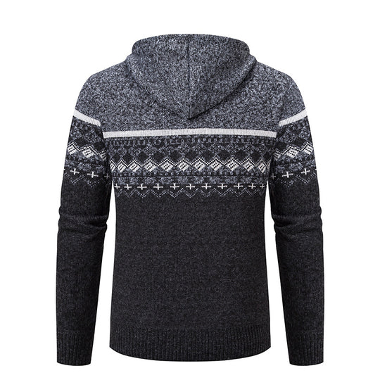Herren stilvolle Strickjacke mit Kapuze und Norweger-Muster EB