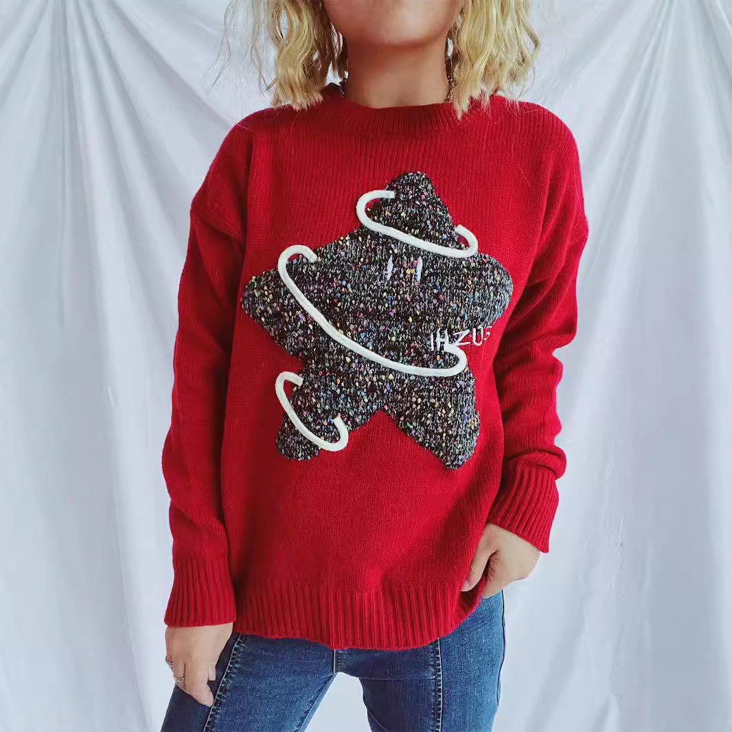 Damen Strickpullover mit kreativem Motiv und lässigem Schnitt EB