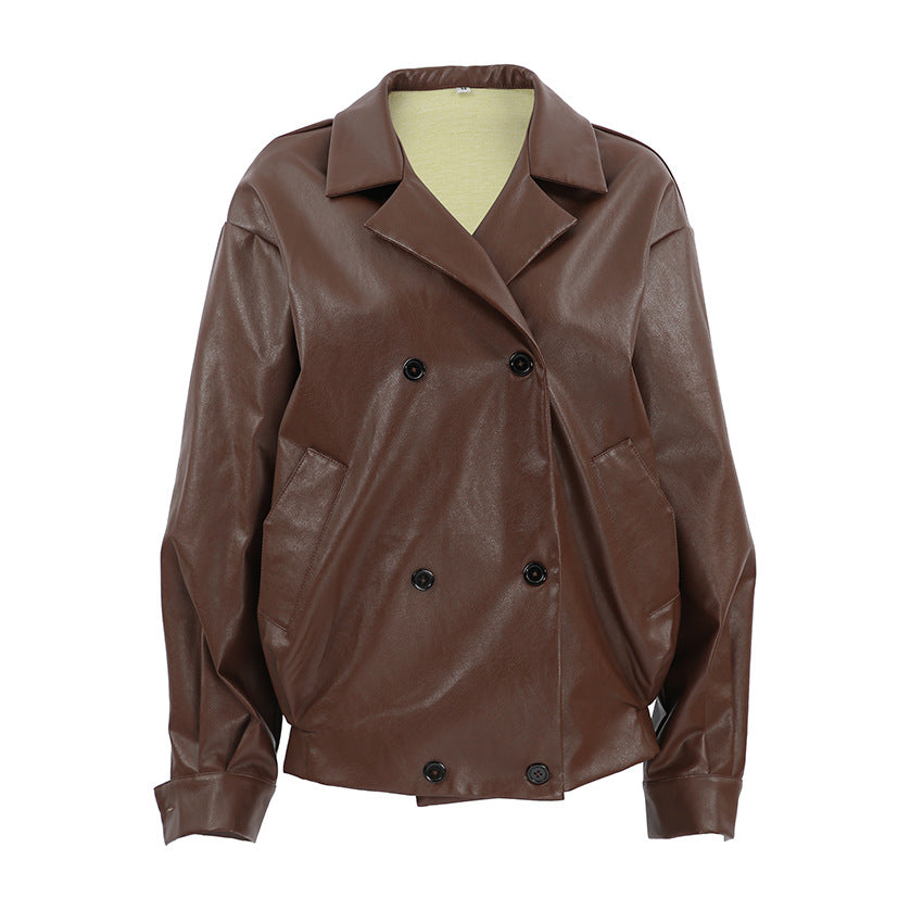 Damen Modische Oversized-Bomberjacke aus Kunstleder mit Knopfdetails EB
