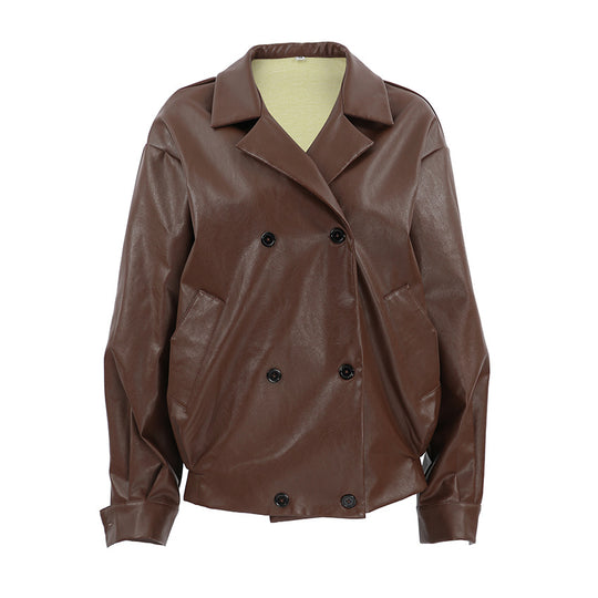 Damen Modische Oversized-Bomberjacke aus Kunstleder mit Knopfdetails EB