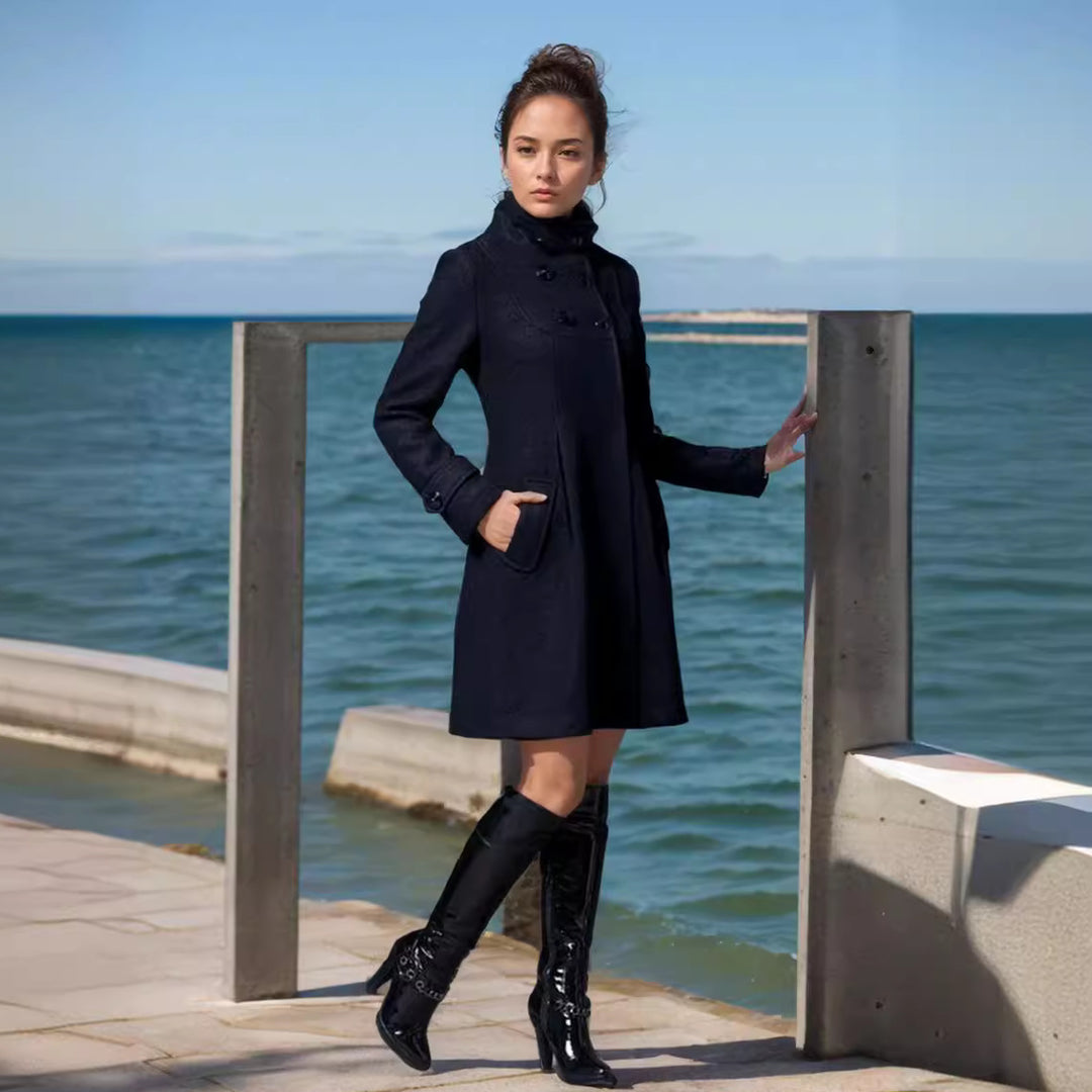 Damen eleganter Kapuzenmantel mit doppelter Knopfreihe und seitlichen Taschen EB