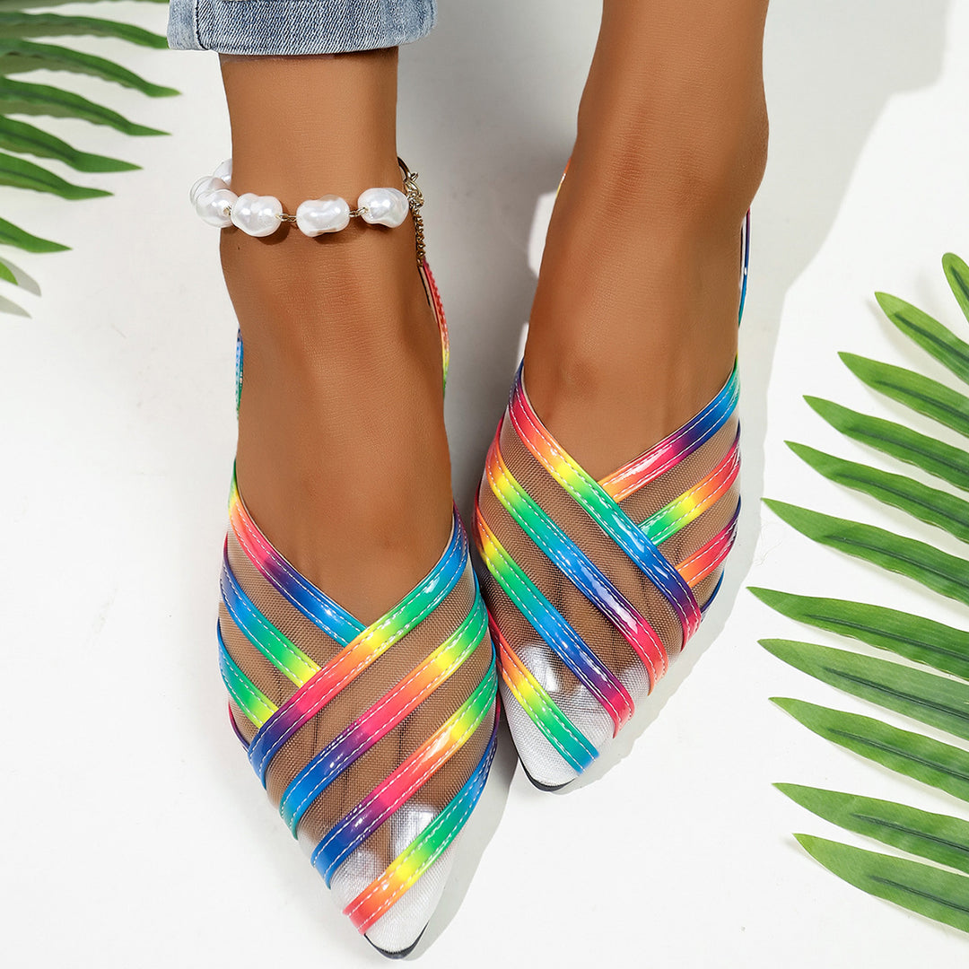 Damen  spitze Slingback-Ballerinas mit glänzenden Riemen und transparentem Mesh EB