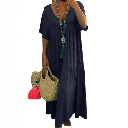 Damen luftiges Boho-Maxikleid mit schwingendem Saum und tiefem V-Ausschnitt EB
