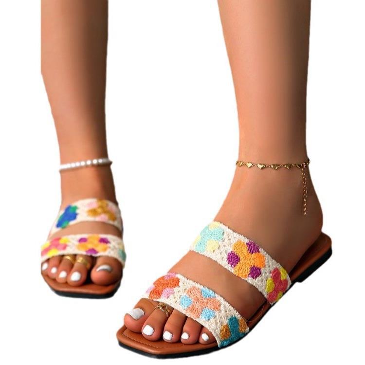 Damen Bunte Flauscher Slides mit floralem Design EB