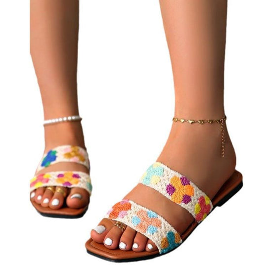 Damen Bunte Flauscher Slides mit floralem Design EB