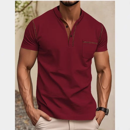 Herren nan modernes Kurzarm-Henley mit Stehkragen, Kontrastnähten und aufgesetzter Brusttasche EB