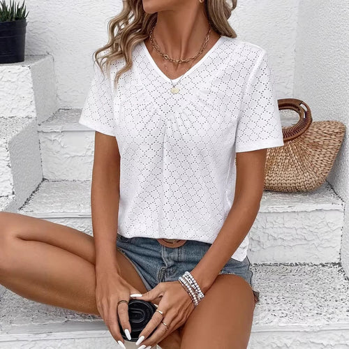 Damen V-Ausschnitt Kurzarm Shirt mit strukturiertem Design EB