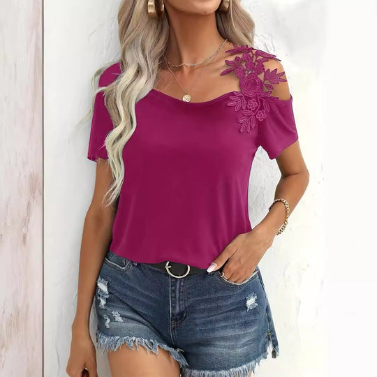 Damen elegantes T-Shirt mit Blumenstickerei Heidi-Mode