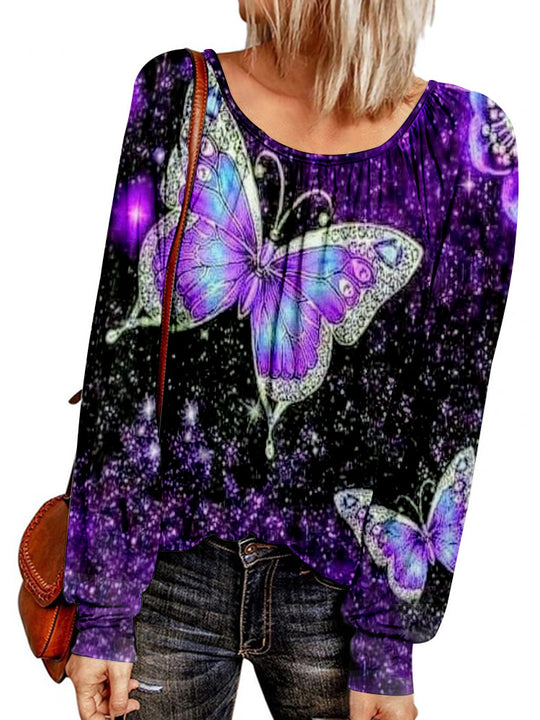 Damen Ethno-Print Oversize-Tunika mit Rundhalsausschnitt und langen Ballonärmeln EB