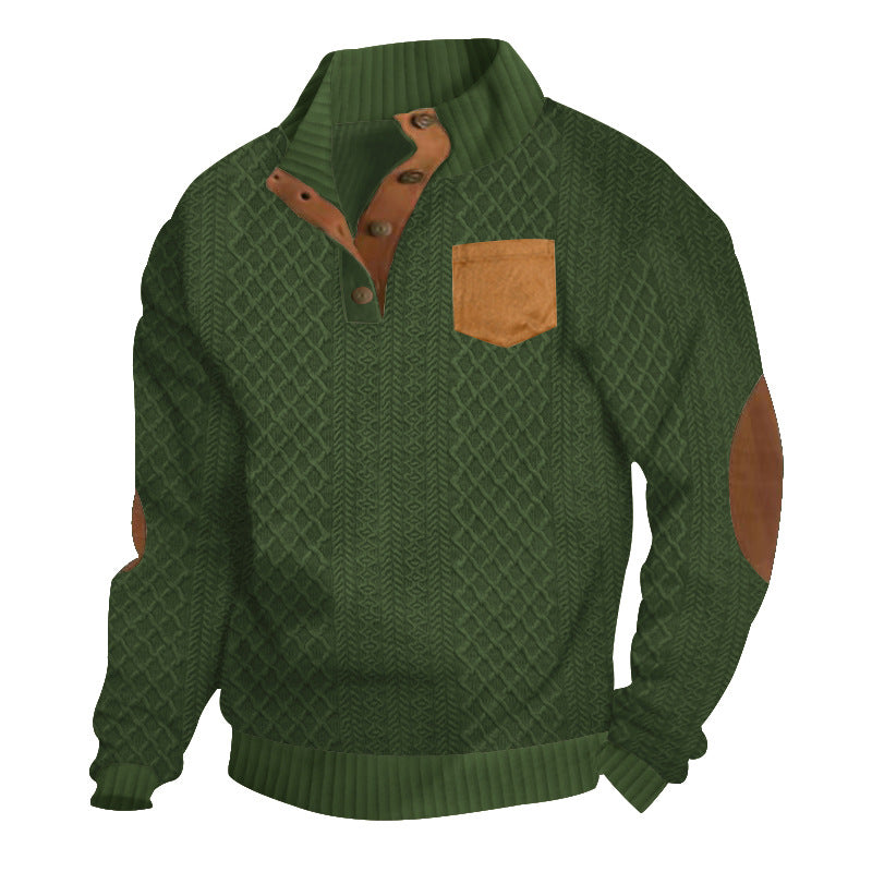 Herren Strukturiertes Kabelstrick-Sweatshirt mit Halbknopfblende, Kunstleder‑Patchtasche & Ellbogenpatches EB
