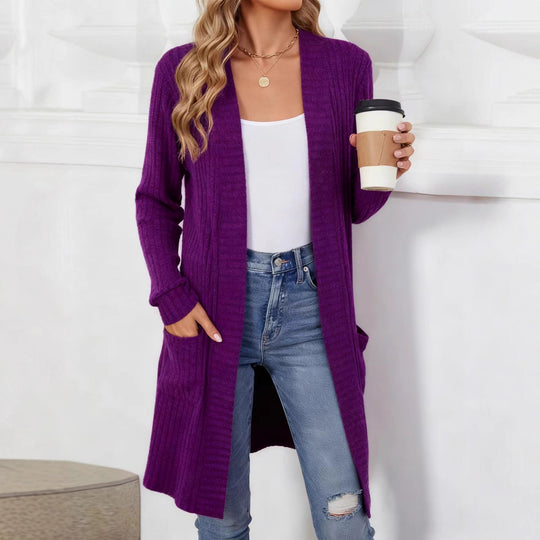 Damen Longcardigan aus geripptem Chenille mit aufgesetzten Taschen EB