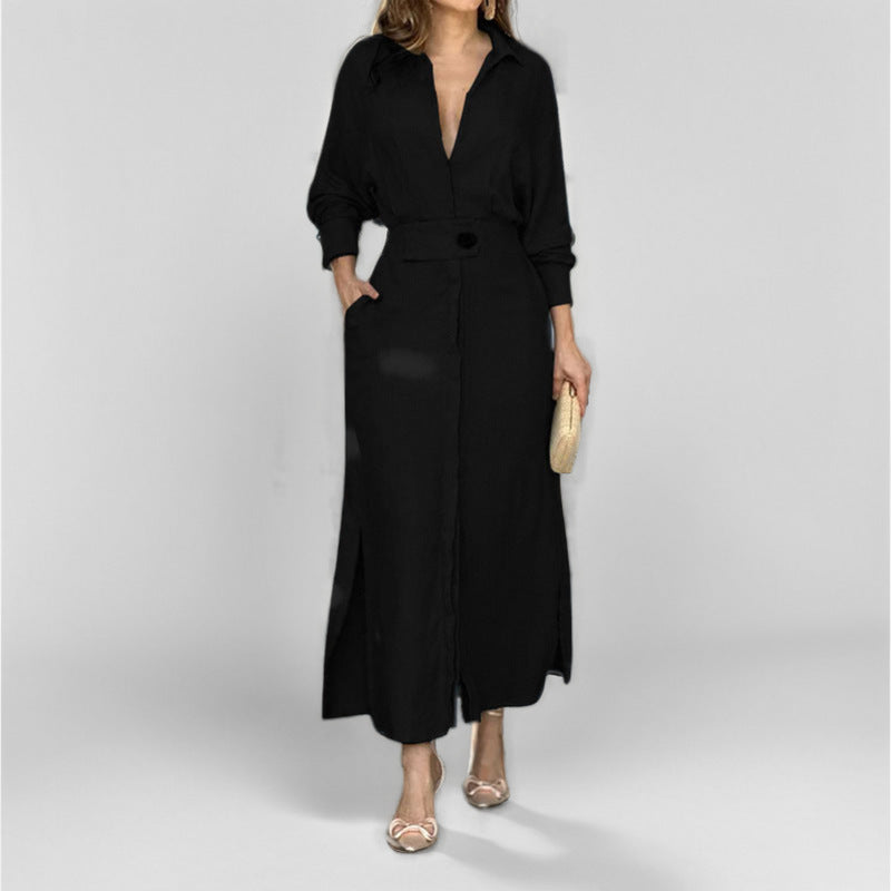 Damen elegantes Hemdblusenkleid mit Taillengürtel und seitlichen Schlitzen EB