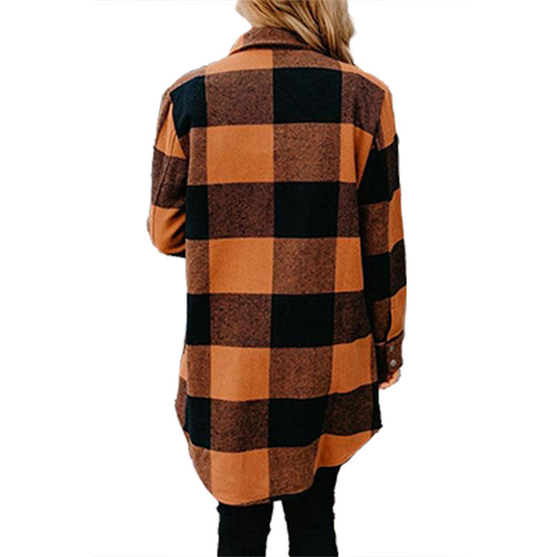Damen lässige Longbluse im Karo-Design mit Knopfleiste EB