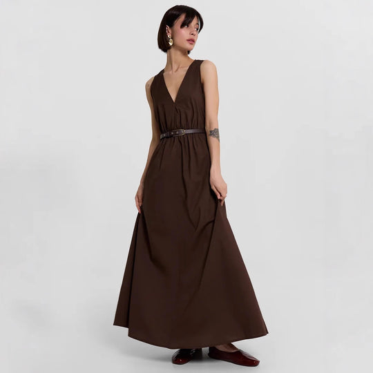 Damen Maxikleid mit stilvollem V-Ausschnitt und Taillengürtel EB