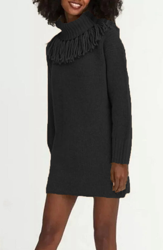 Damen Strickkleid mit hohem Rollkragen und modischen Fransen EB