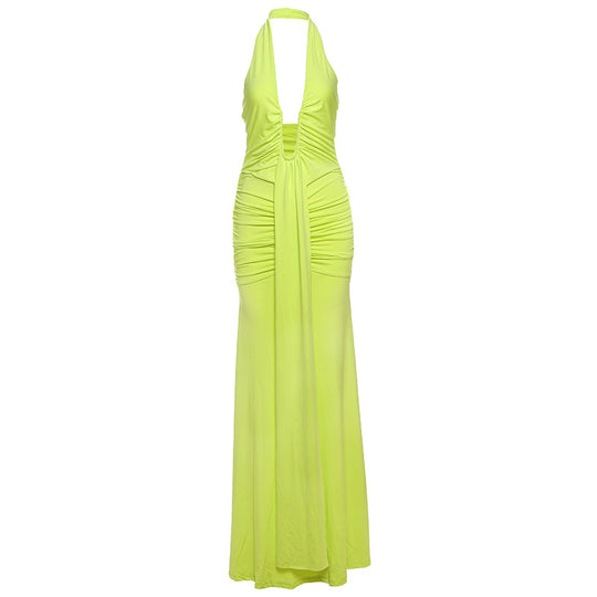 Damen Elegantes Maxi-Kleid mit tiefem V-Ausschnitt und Rüschendetails EB